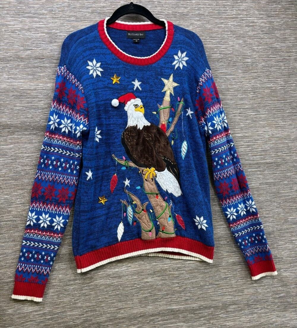 Blizzard Bay Embroidered Ugly Christmas Tree Eagle Sweater Women’s Size M Blue